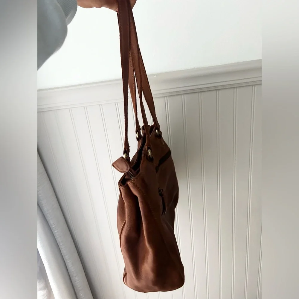 Genuine Leather Cognac Brown Shoulder Tote Bag 2 Front Zipper